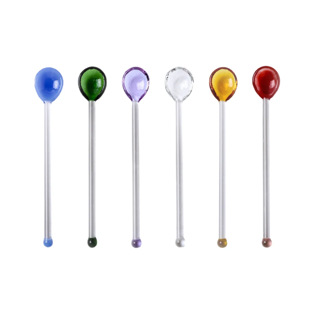 

6Pcs Transparent Long Handle Glass Milk Drink Round Shape Lovely Stirrers Swizzle Stirring Rods for Household (Assorted Color)