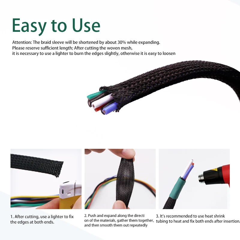 5M/10M PET Expandable Braided Cable Sleeving 4-60mm Cable Protection Black Nylon High Density Tight Insulation Wire Sheathing