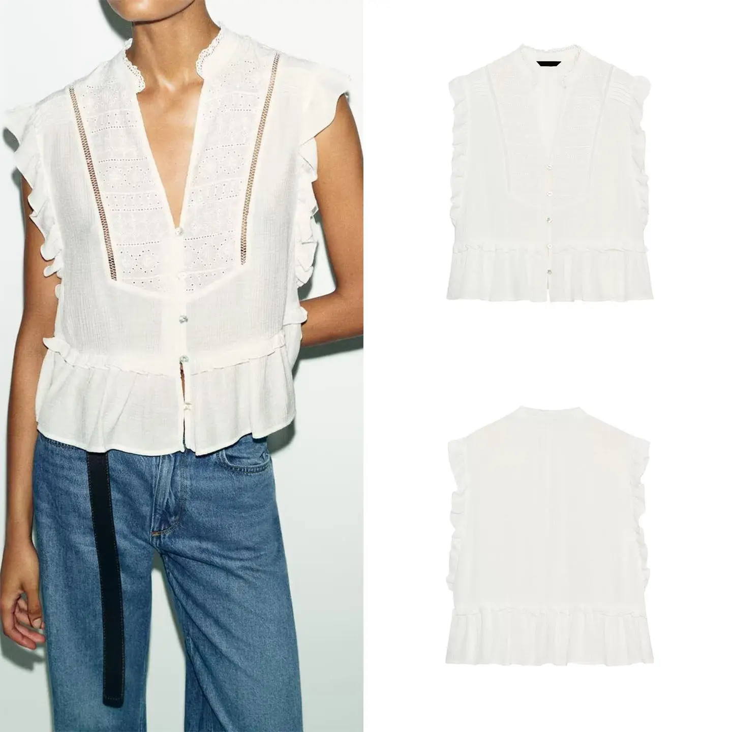 

Women's Fashion Summer 2026 Sleeveless round Neck Embroidered Layered Top Breathable Loose Fit Short Length Button Closure