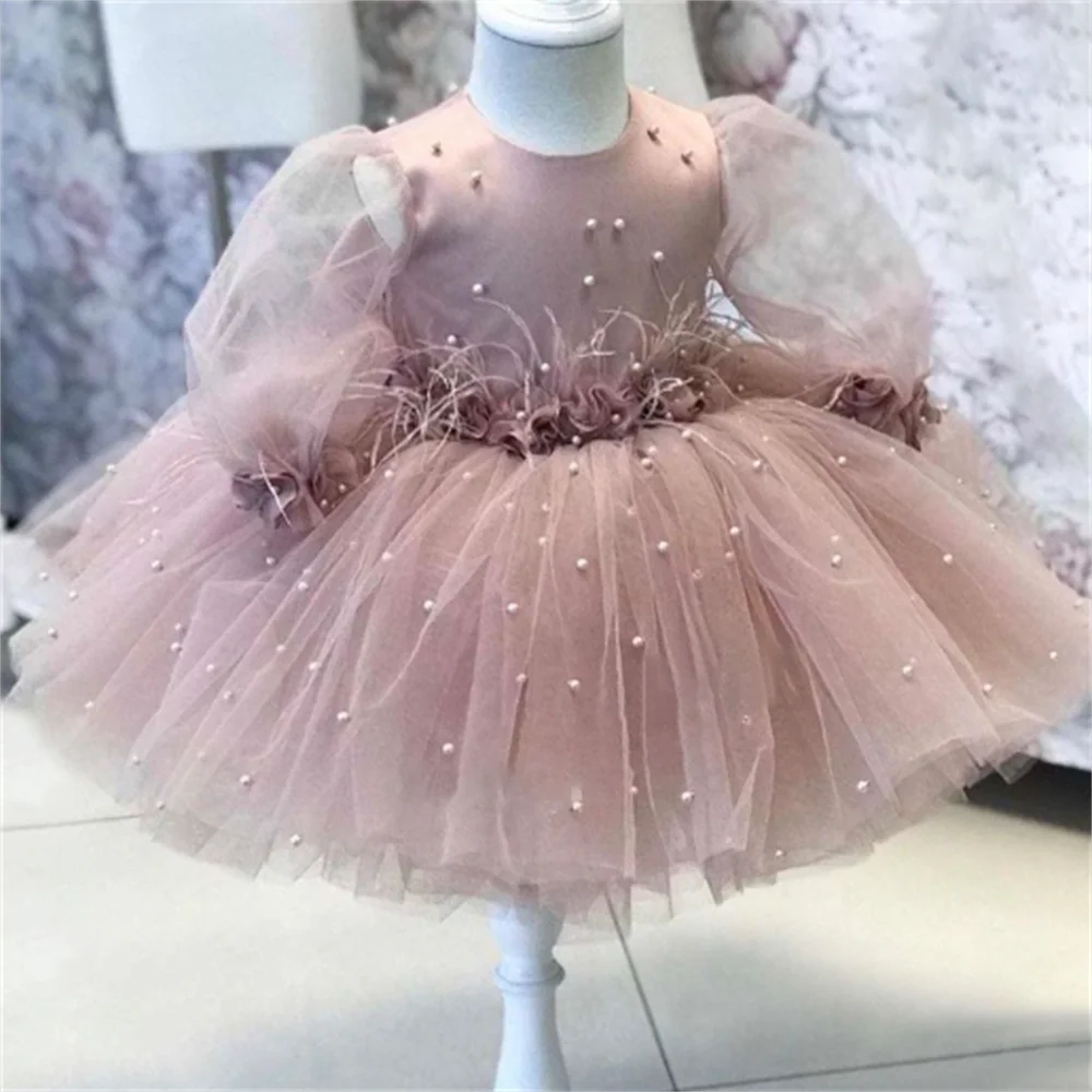 Pink Net yarn bead Long sleeves Kids Dress Party Girl Princess Birthday Party Baby Girls Children