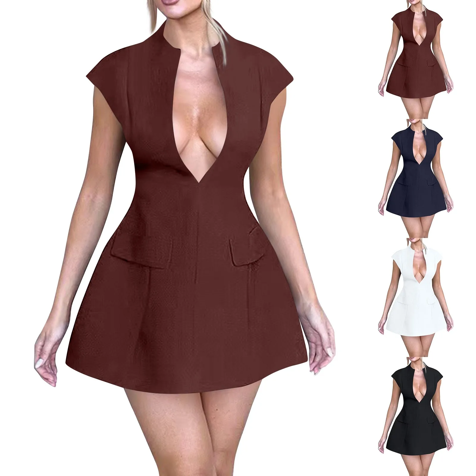 Townlike Elegant A-Line Mini Dress Women 2025 New Spring Summer Pocket Dress Deep V Neck Nightclub Sexy It Hollow Mini Dress