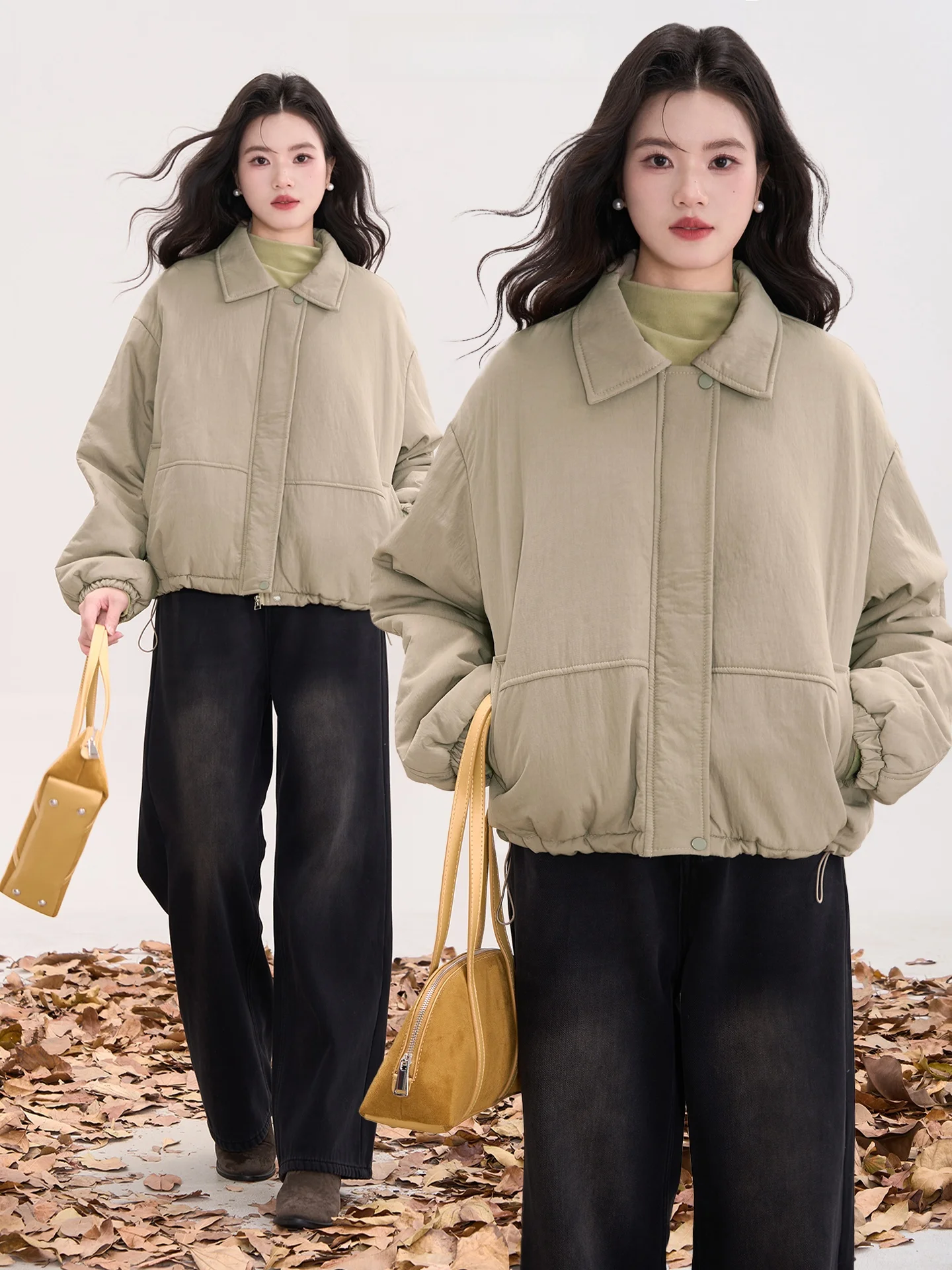 

Korean Sle Collared ort Jaet Women's Cotton Outerwear Coat Thiened Long Sve Commute Pure Color Winter Faion