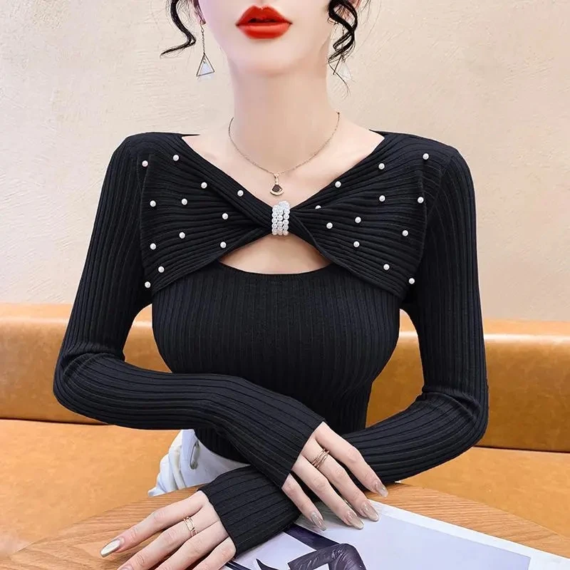 2024 New Fall Winter Knitted Sweater Chic Sexy Patchwork Hollow Out Shiny Diamonds Women Long Sleeve Pullovers Drill Tops