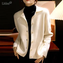 Women's French Style Knitted Cardigan Office Lady Long Sleeves Camellia Buttons Black White Turn-down Collar Women's Clothing