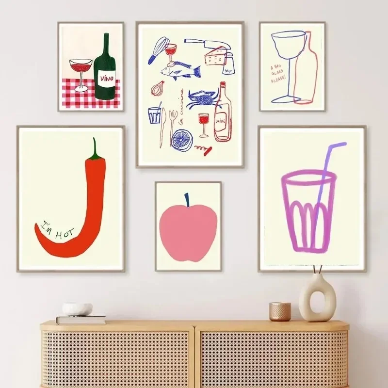 Modern Kitchen Minimalist Wall Art Print Canvas Painting Posters for Living Room Home Decor Hot Chilli Lemon Big Glass Wine