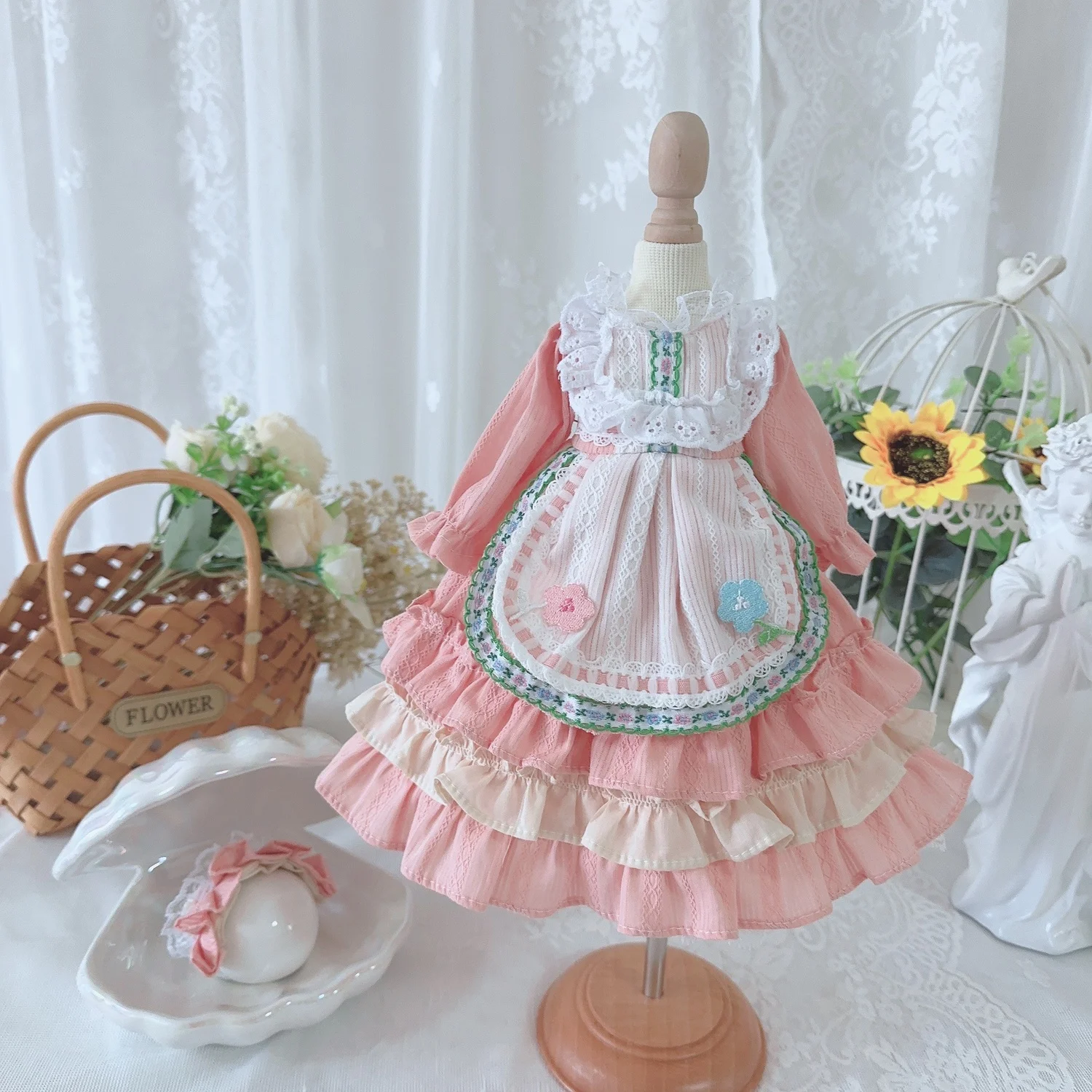 BJD Doll clothes Suitable for 1/3 1/4 1/6 size pink bow Garden style long sleeve dress doll accessories