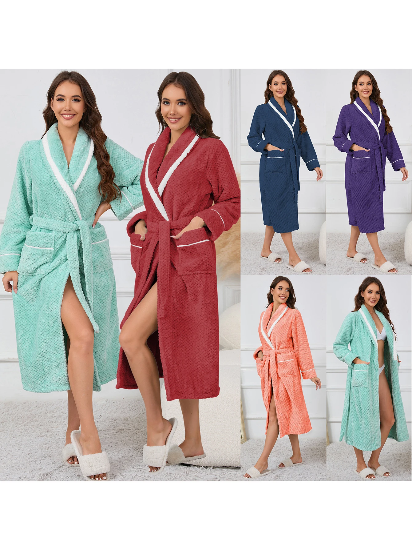 

Autumn Winter V-Neck Contrast Color Long Sleeve Bathrobe For Women Mid-Calf Homewear Elegant Lady