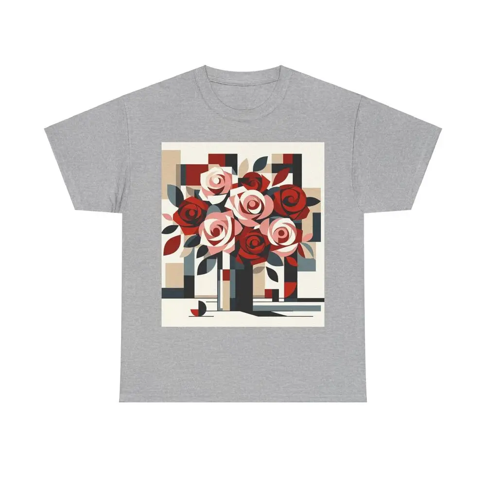 Pink And Red Roses In Vase Cubist Style Anime Graphic T-shirts For Men Clothing Women Tees Y2K Tops Unisex Summer Short Sleeve