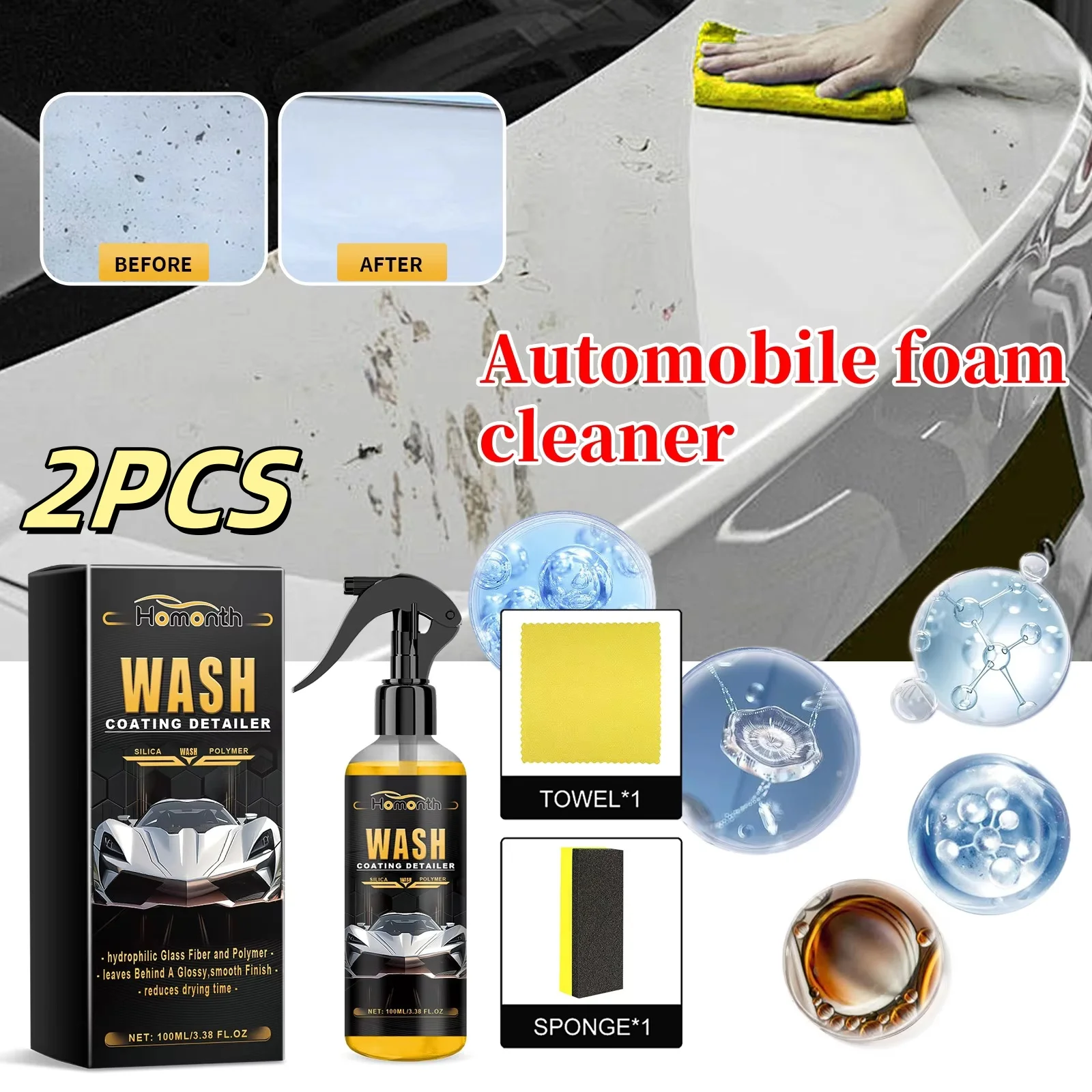 

2PCS Automotive Foam Cleaner Decontamination Oil Dust Refurbishment Maintenance Brightening Multi-Purpose Cleaning And Care