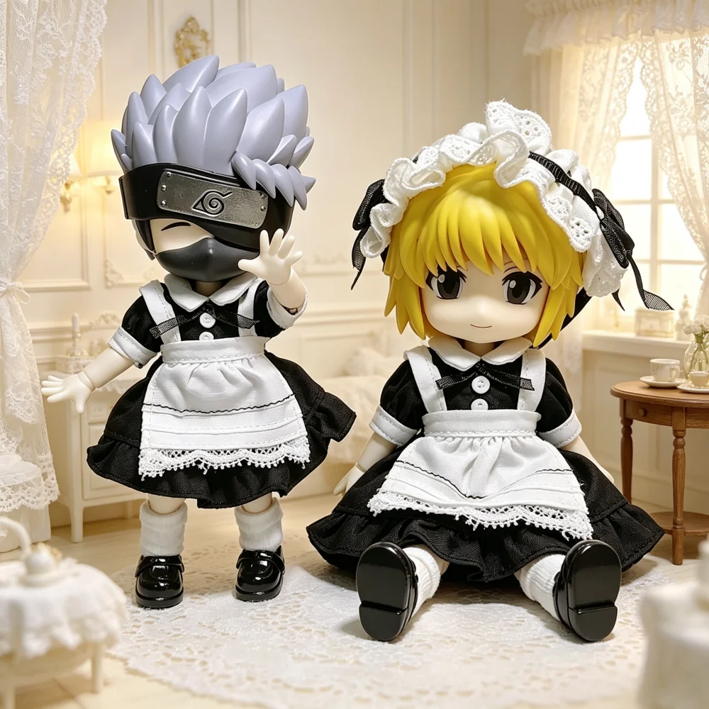 OB11 Doll Gothic Maid Lolita Lace Frill Apron with Mesh Bow Headwear Button Dress for Girl Toys Dollhouse Cute Clothes
