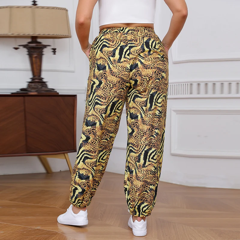 Plus Size Leopard Print Joggers Women High Waist Casual Loose Pants Elastic Waist Trendy Streetwear Trousers