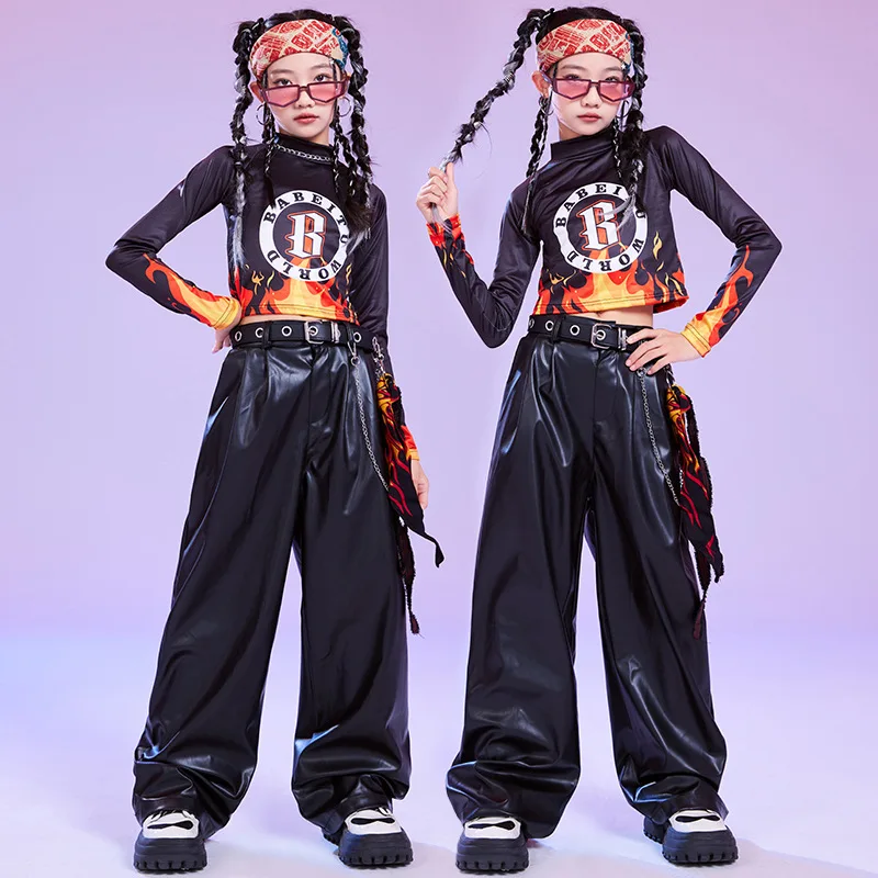 

Kid Cool Hip Hop Clothing Black Flame Long Sleeve Crop Top T Shirt Casual Faux Leather Pants for Girl Jazz Dance Costume Clothes