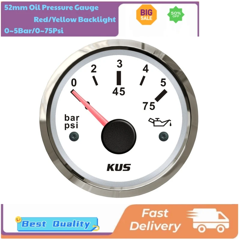 

Датчики давления масла KUS Auto 0-75 фунтов на кв. дюйм (0-5 бар), 52 мм, белые, для автобусов, мотоциклов, грузовиков, лодок и судов