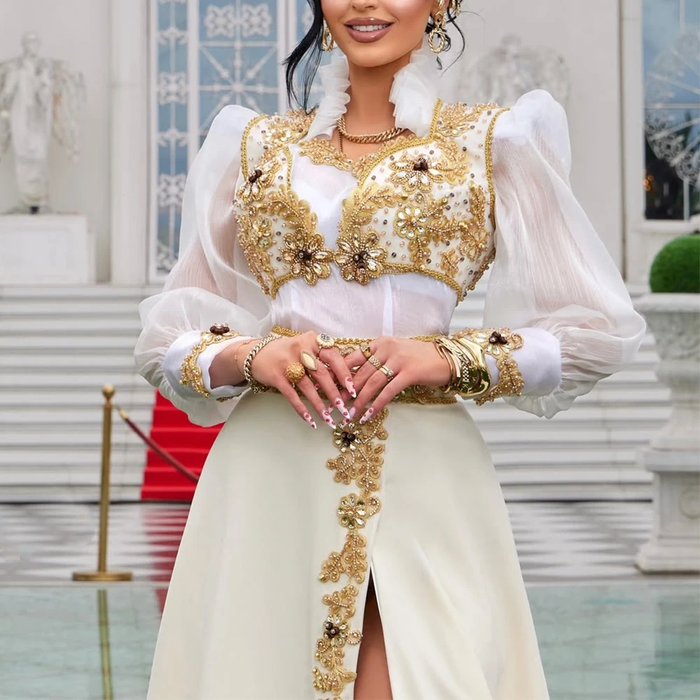 Luxe applique kralen avondjurk A-lijn split vloerlengte dames op maat gemaakte lange mouwen hoge hals bruiloft feestjurken