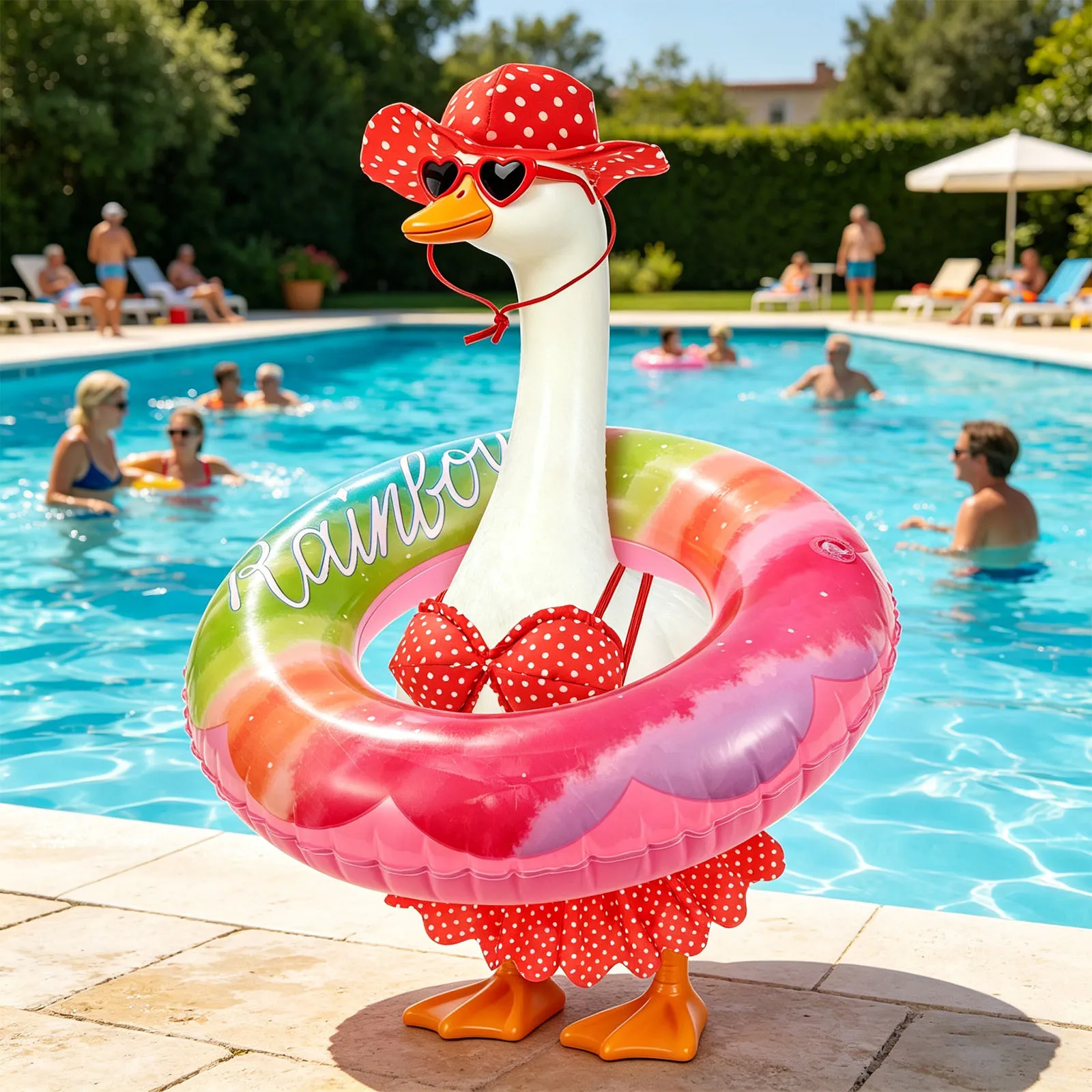 

Hawaiian Porch Goose Outfit Summer Bikini Goose Outfit Fit 23" Statue with Hat Sunglasses Swimming Ring Swimming Pool Yard Decor