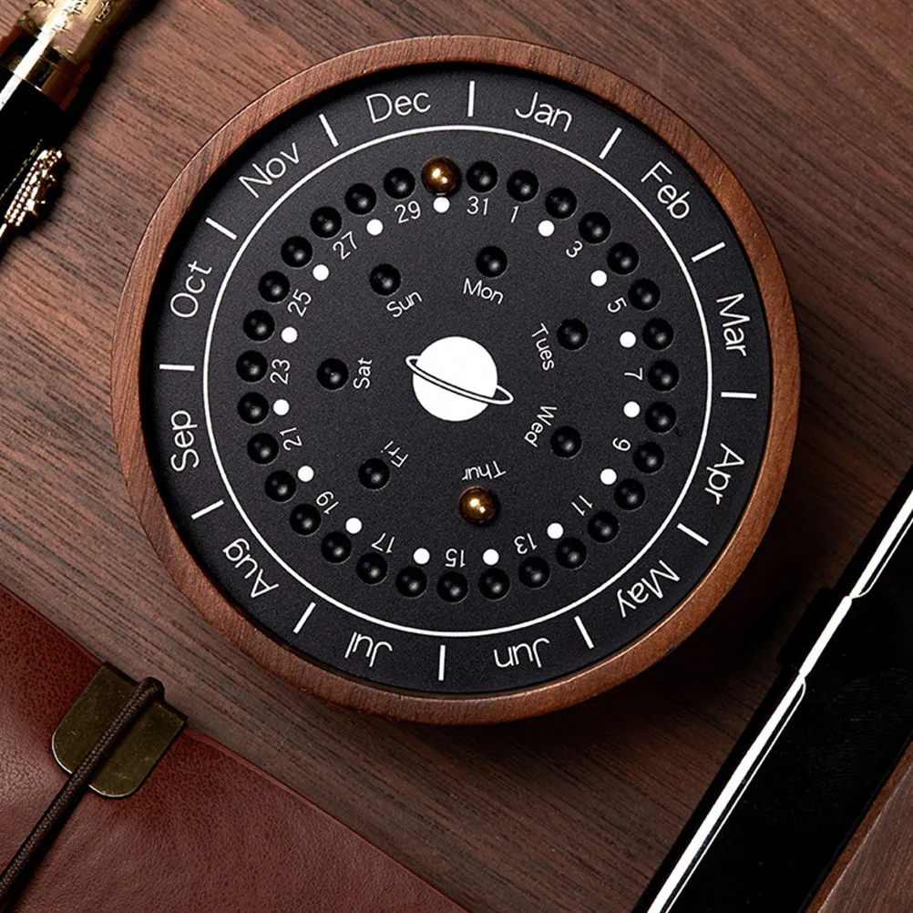 

Wooden Perpetual Calendar Coffee Color Sundial-Shaped Design Tabletop Decor Home Furnishing Art Craft Creative Calendar