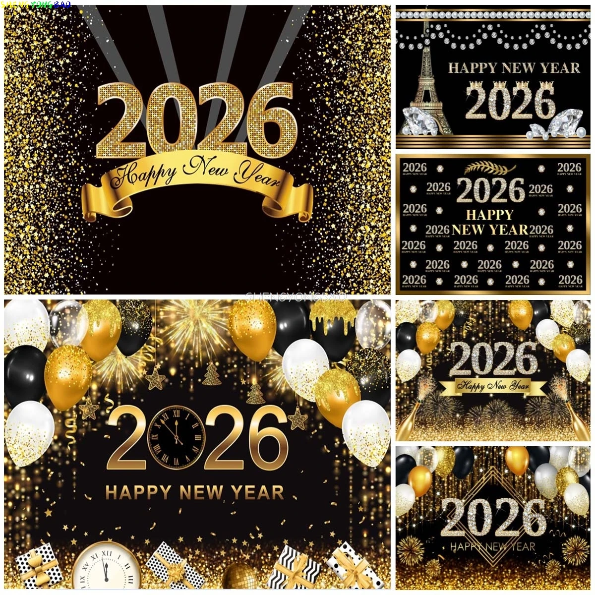 

New Year 2026 Backdrops for Photos Gold Glitter Balloons, Clock, Champagne, Happy New Year Party Decorations Background Banner
