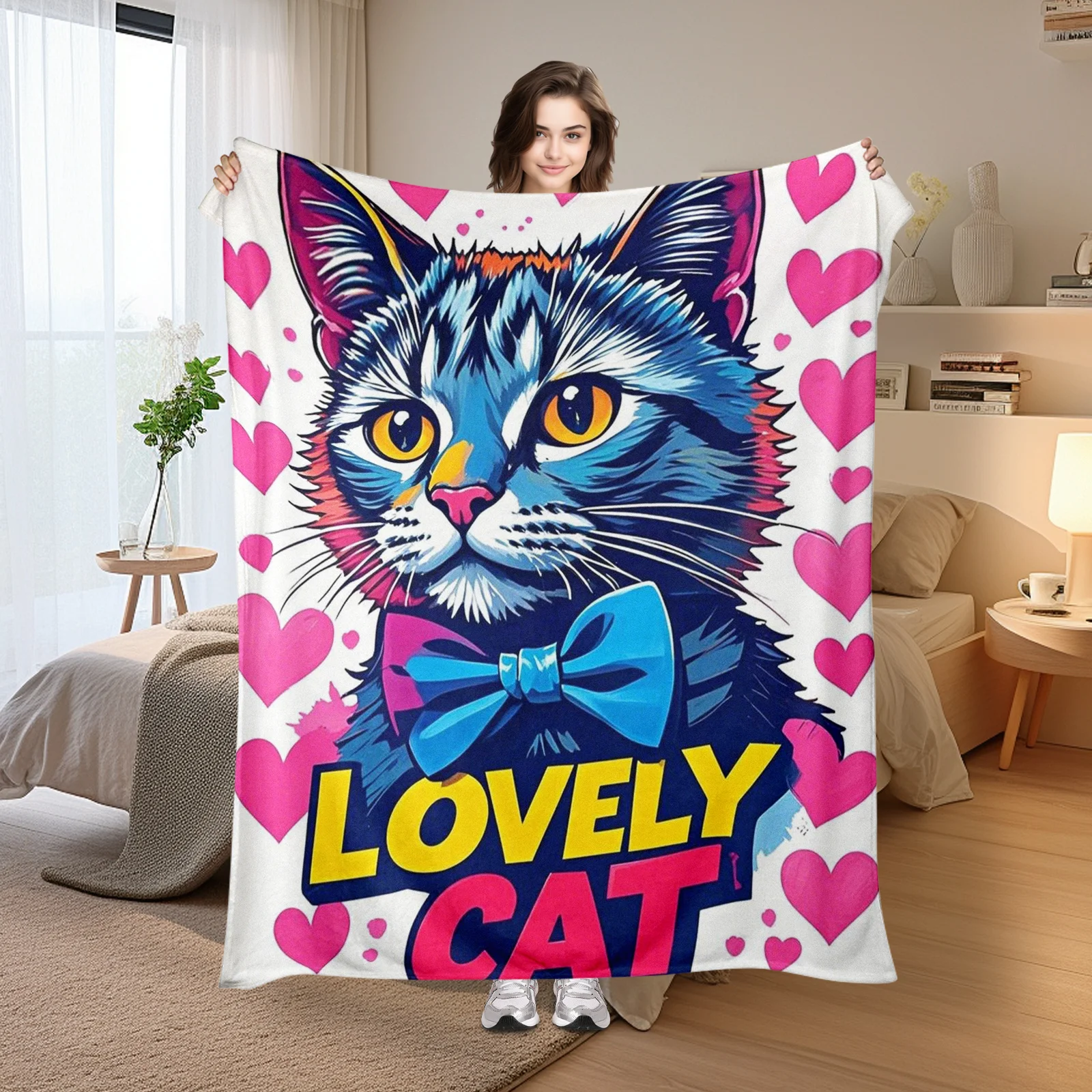 Adorable Hand-Drawn Cat Blanket With Heart And Bow Design For Cozy Home Decor And Heartwarming Gift Idea