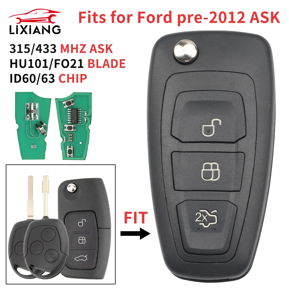 

LIXIANG откидной дистанционный ключ от автомобиля pre-2012 ASK 4D чип ID60/63 315/433 МГц для Ford Focus Mk1 Mondeo Transit Connect 3 кнопки модифицированные