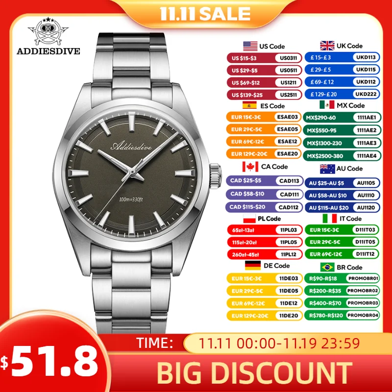 

ADDIESDIVE Watches For Men 36mm Quartz BGW9 Luminous 100m Waterproof 316L Stainless Steel VH31 Dress Wristwatch New AD2066
