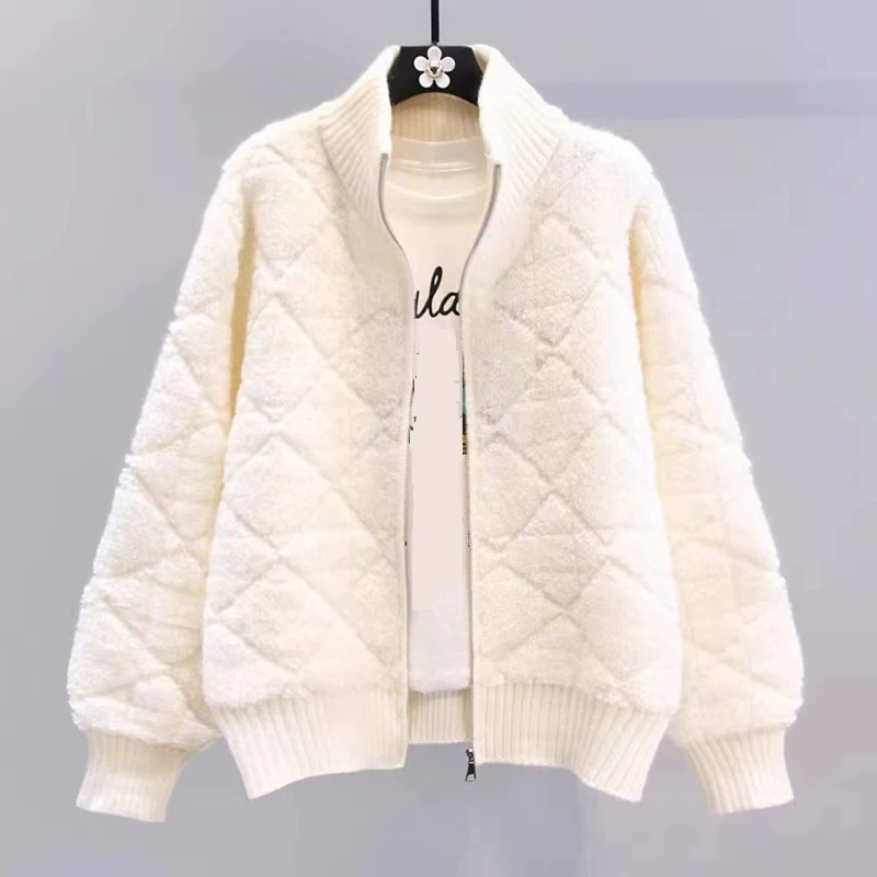 HELIAR Women Knitted Sweater Coat Zipper Cardigan Coat Cashmere Warm Long Sleeve Jacket Loose Casual Outerwear Autumn Winter