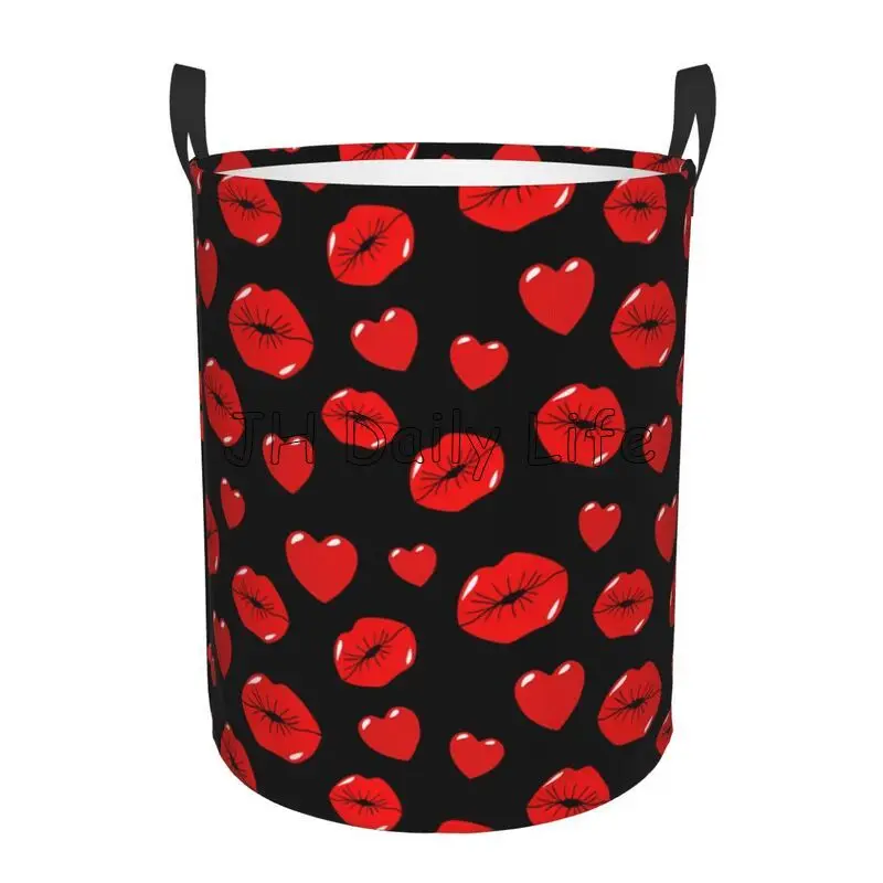 Sexy Red Lips Kiss Print Round Laundry Basket Foldable Oxford Laundry Hamper Waterproof Storage Basket Toys Clothes Organizer