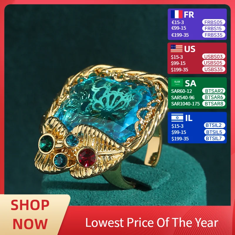 

Vintage Transparent Ice Blue Rectangular Glass Pink Rings Wedding Green Gold Color Heart Crystal Jewelry for Women Luxury Gift