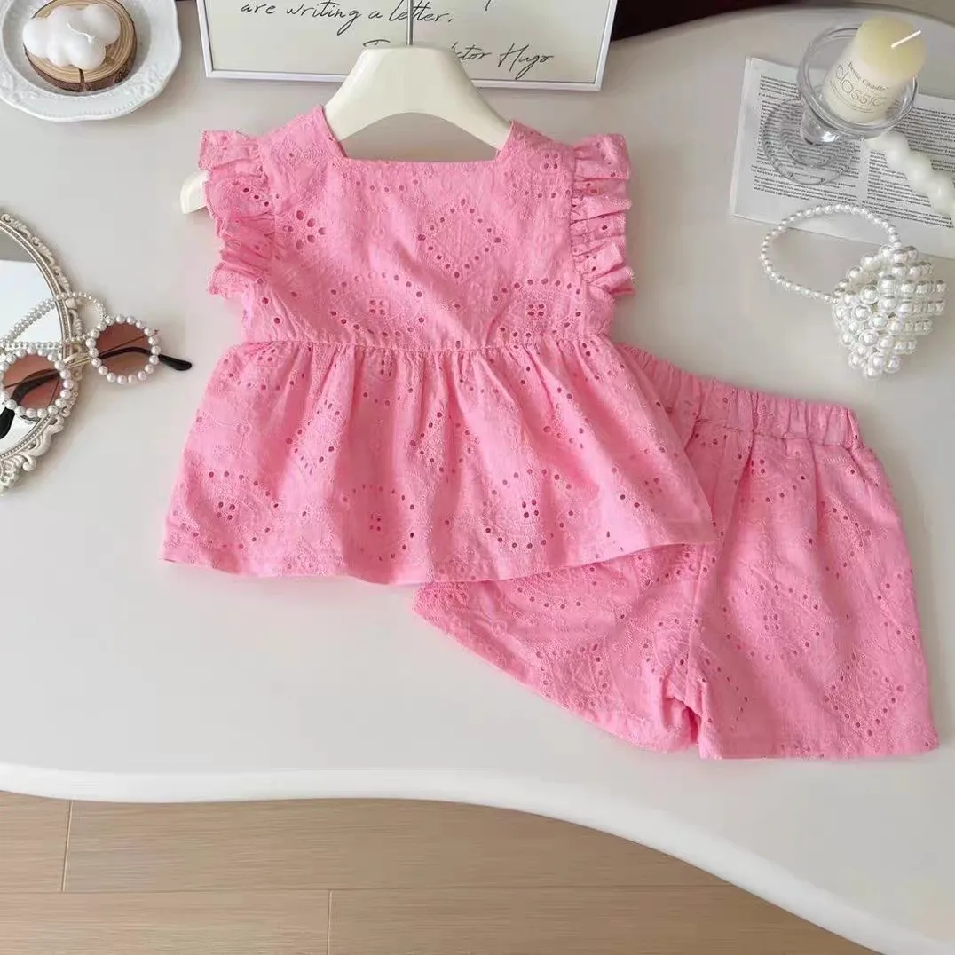 TZ2648Summer New Style Sleeveless Pink Cotton Fly Sleeve Top + Pink Cotton Shorts Two-Piece Set Fashionable Children's Clothing