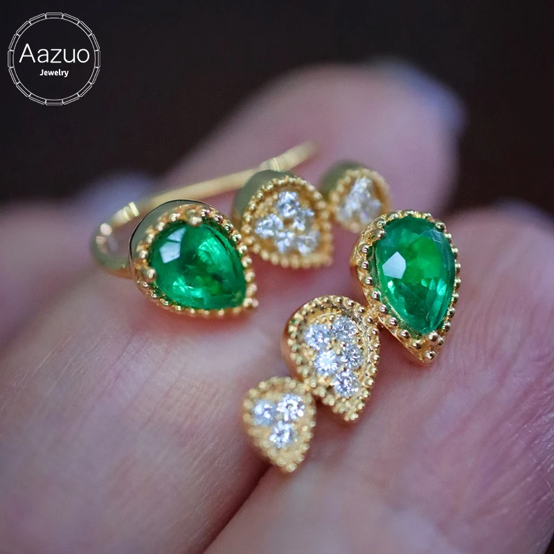 

Aazuo Real Jewelry 18K Yellow Gold Natural Emerald Real Diamonds Waterdrop Earrings gifted for Women Engagement Wedding Party