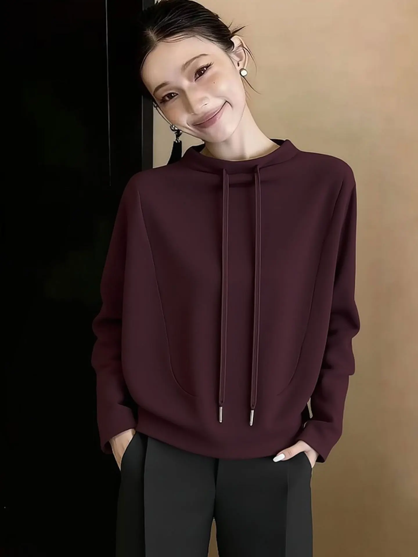 

Ladies Thiened Long Sve Dstring Hoodie Spring 2026 Warm Comfortable Korean Sle Casual Wear Soft Medium Wool Blend