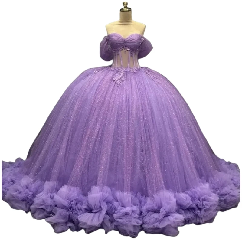 Customized Real Picture Mexican Lavender Princess Quinceanera Dresses Applique Tulle Tiered Prom Sweet 16 Vestidos De 15 Anos