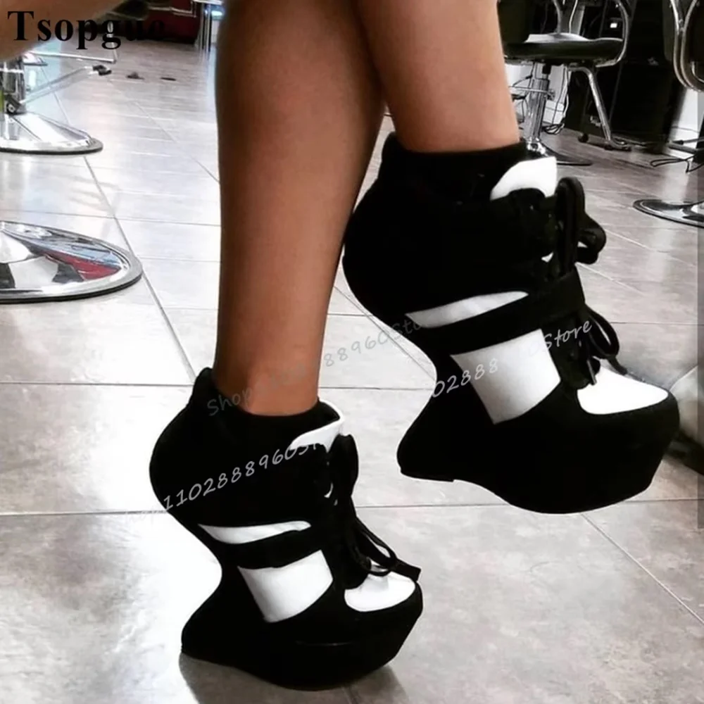 

Black And White Splicing Platform Pumps Strange Style Heel Shoes For Women Cross Tied Round Toe Stylish Party Occidental Pumps