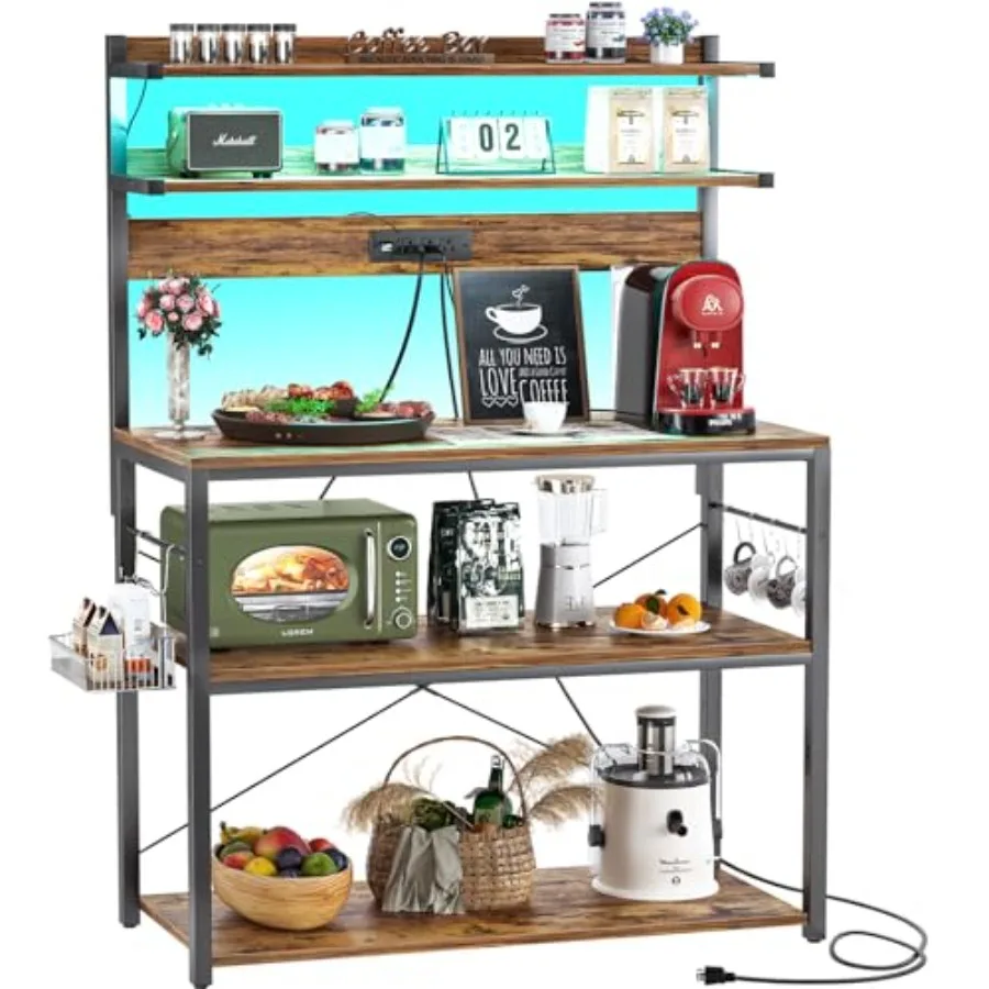 Bakers Rack with Power Outlet, Microwave Stand, 5 Tiers Coffee Bar Station with Led Lights, Kitchen Storage Shelf with 6 S-shap