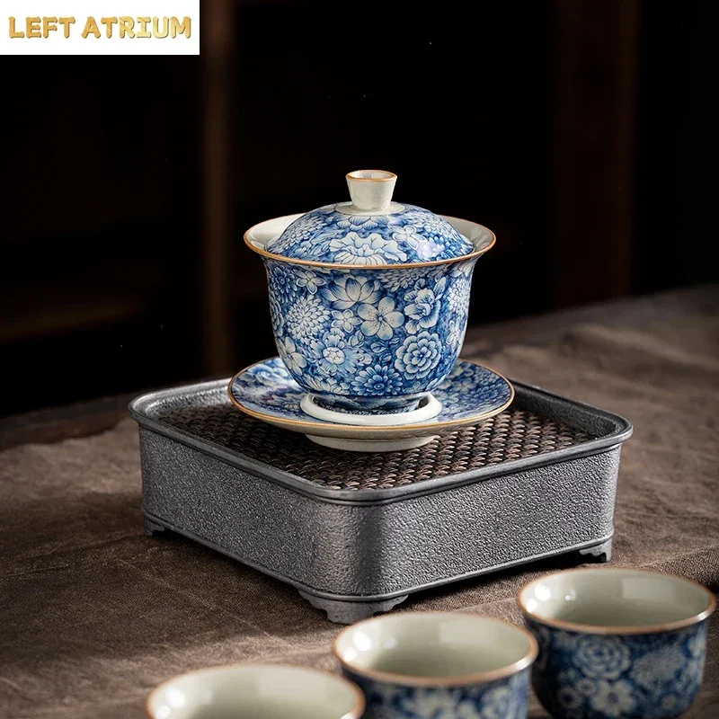 Retro Ru Kiln Tea Tureen Ceramic Sancai Cover Bowl Tea Maker Gaiwan Can Raise Kung Fu Teaware