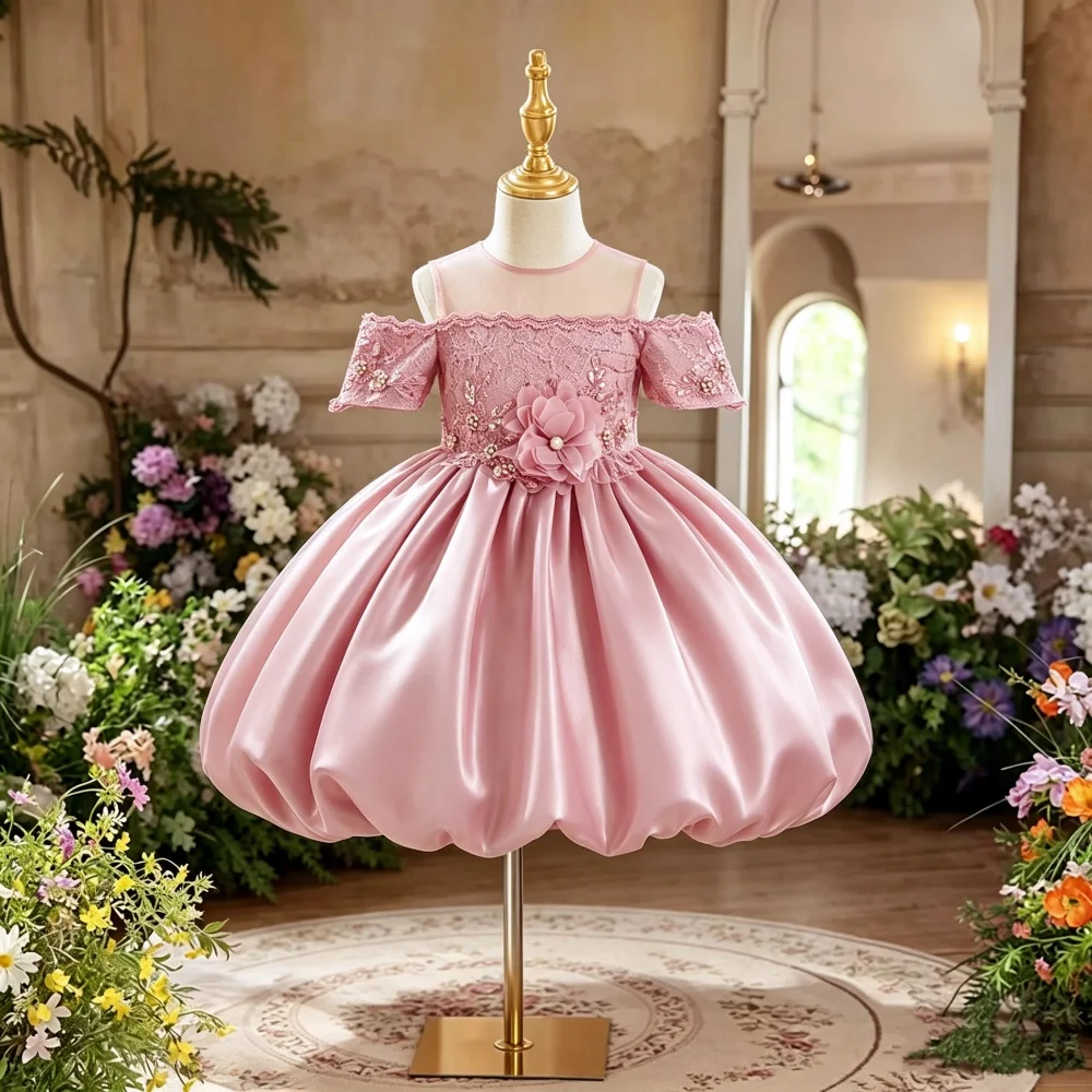 Girls' Pink V-Neck Bow-Accent Sweet Fluffy Princess Dress Ideal for Formal Events Performances Parties and Flower Girls