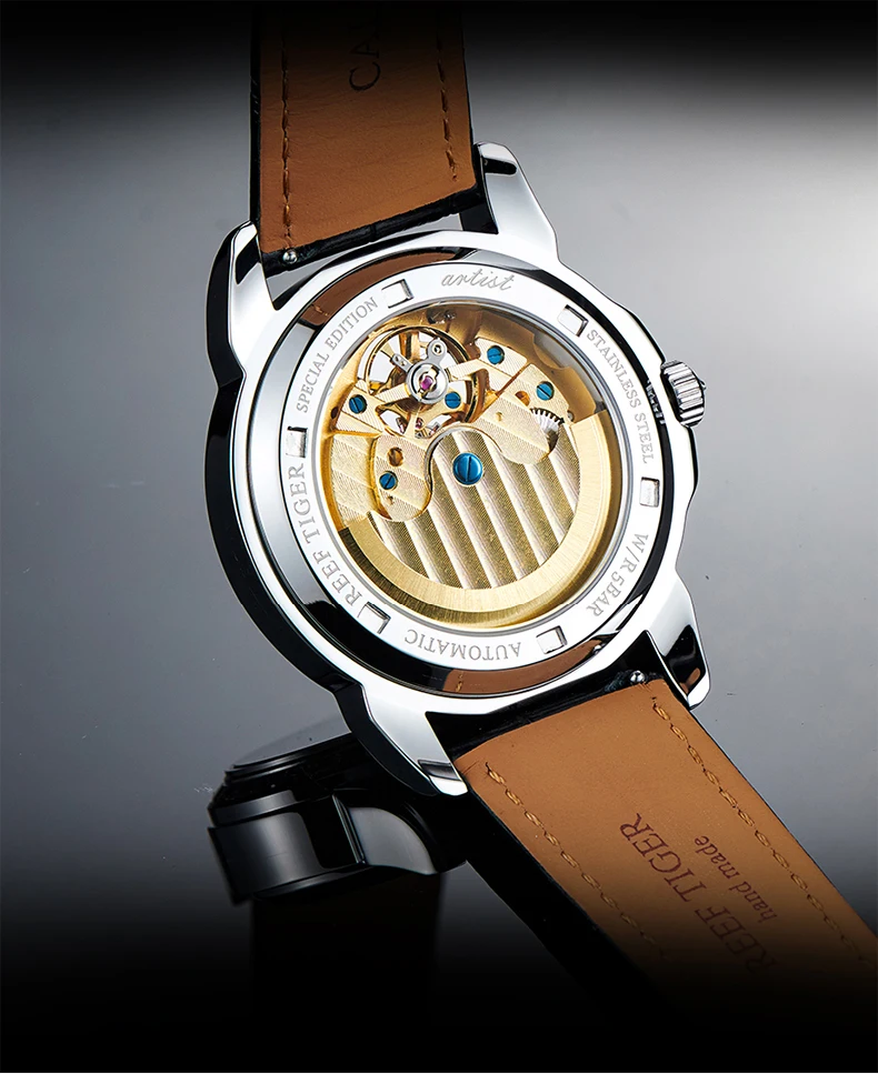 Reef Tiger Men Automatic Watch 41.5mm Luxury Mechanical Wristwatch Luminous Skeleton Crystal Dial Bezel Sapphire Mirror