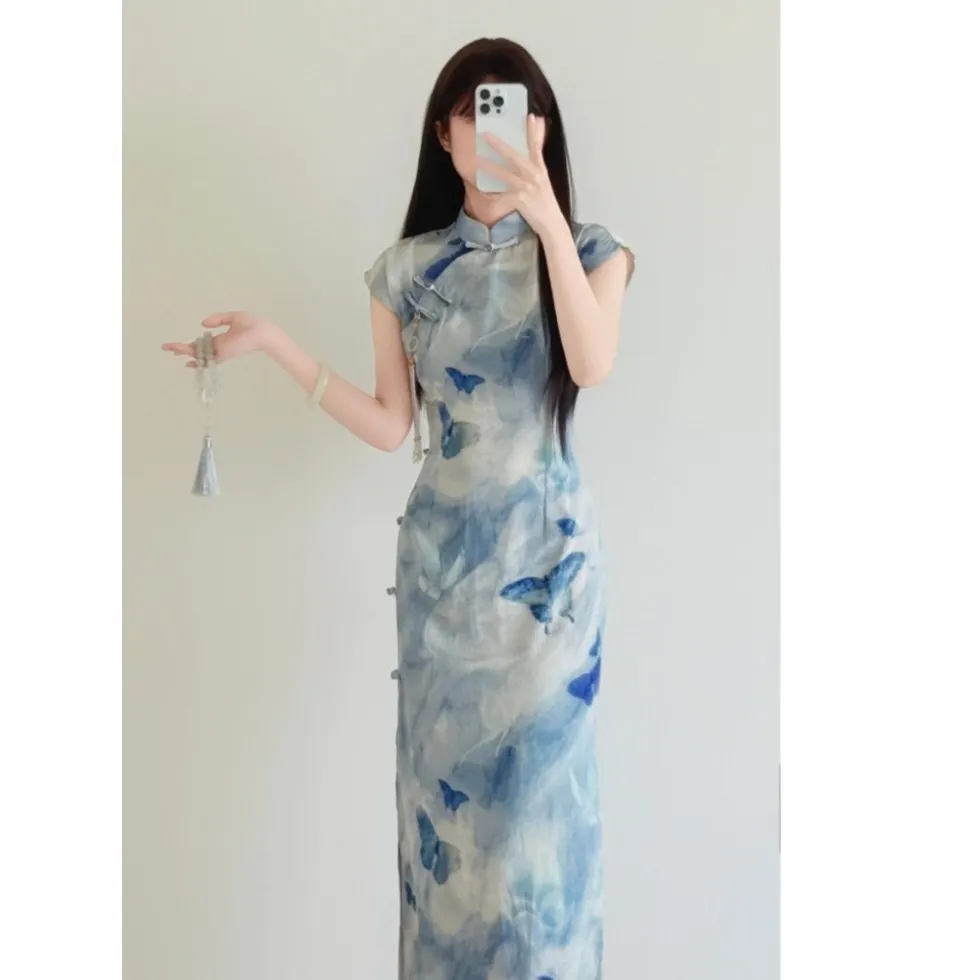 

Chinese Style Cheongsam Women Blue Dyed Dopamine Color Waist Cinching Dress Popular Hot Selling Qipao Wedding Party Dress CH-136