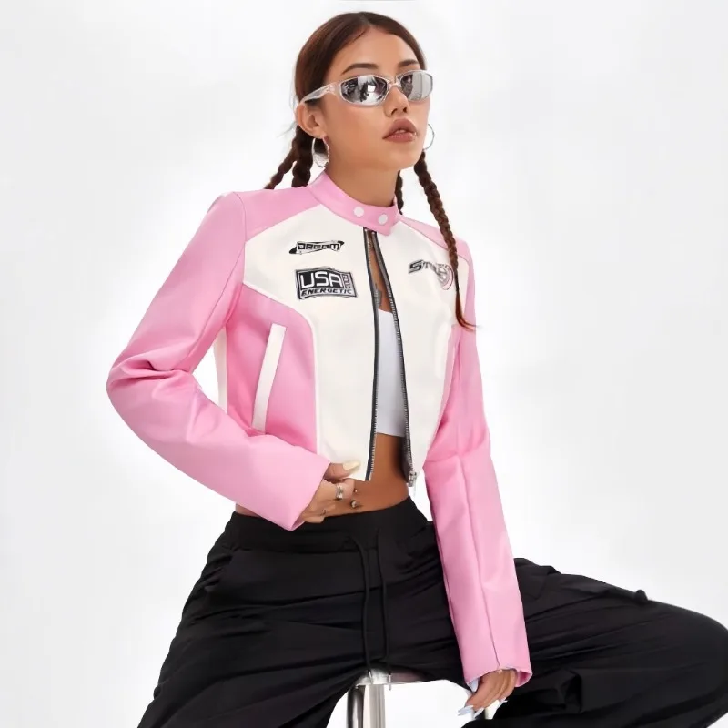Women's Autumn/Winter Top Coat Imitation Leather Cardigan Stand-up Collar Color Blocking Letter Print Casual Design Fashion New