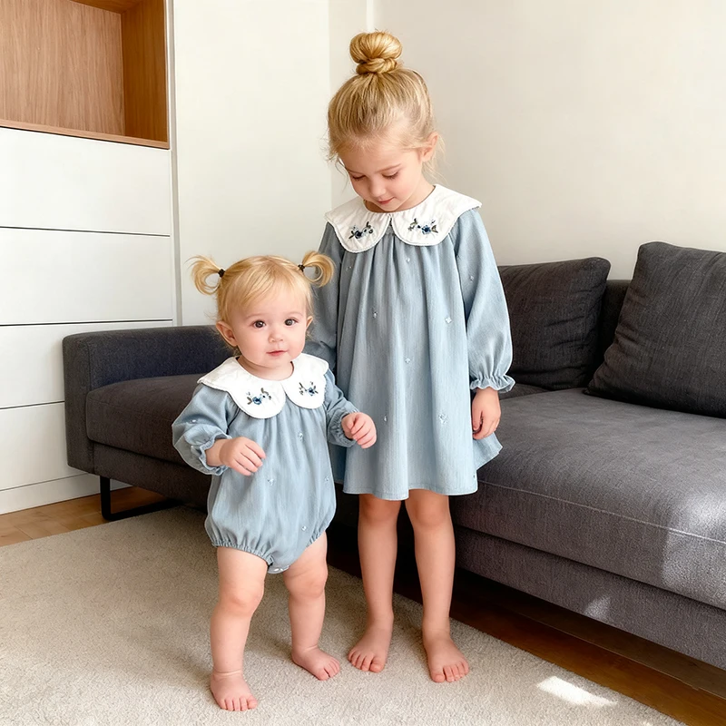 Herbst Frühling Kinder Baby Mädchen Langarm Süße Schwestern Kragen Kleid Säuglingsspiel Kinder Baby Mädchen Bestickte Kleidung Strampler