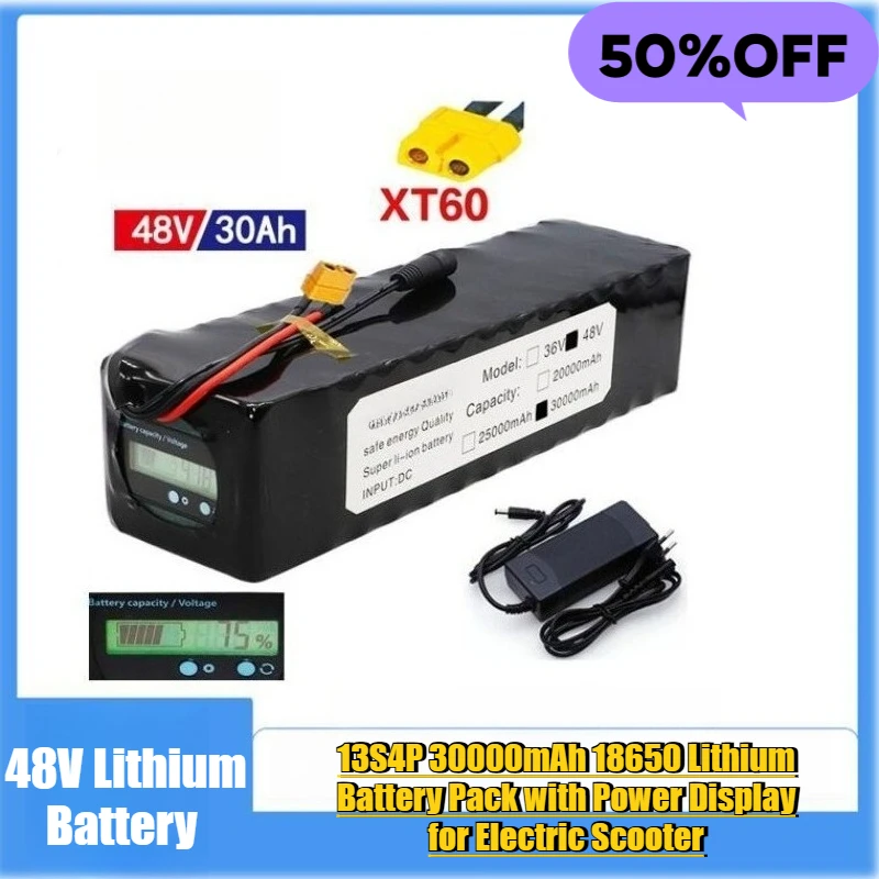 

48V Lithium Battery 13S4P 30000mAh 18650 Lithium Battery Pack with Power Display for Electric Scooter