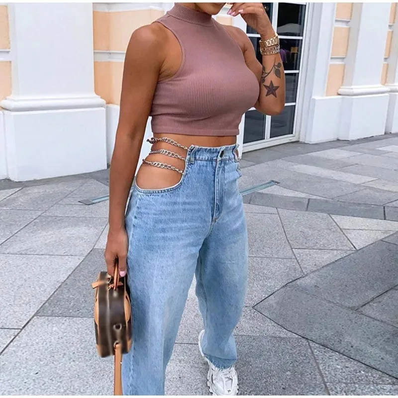 

2023 Summer Sexy High Waist Jeans Women Washed Chain Straight Side Hollow Patchwork Blue Long Pants Zipper Pocket Denim Trousers