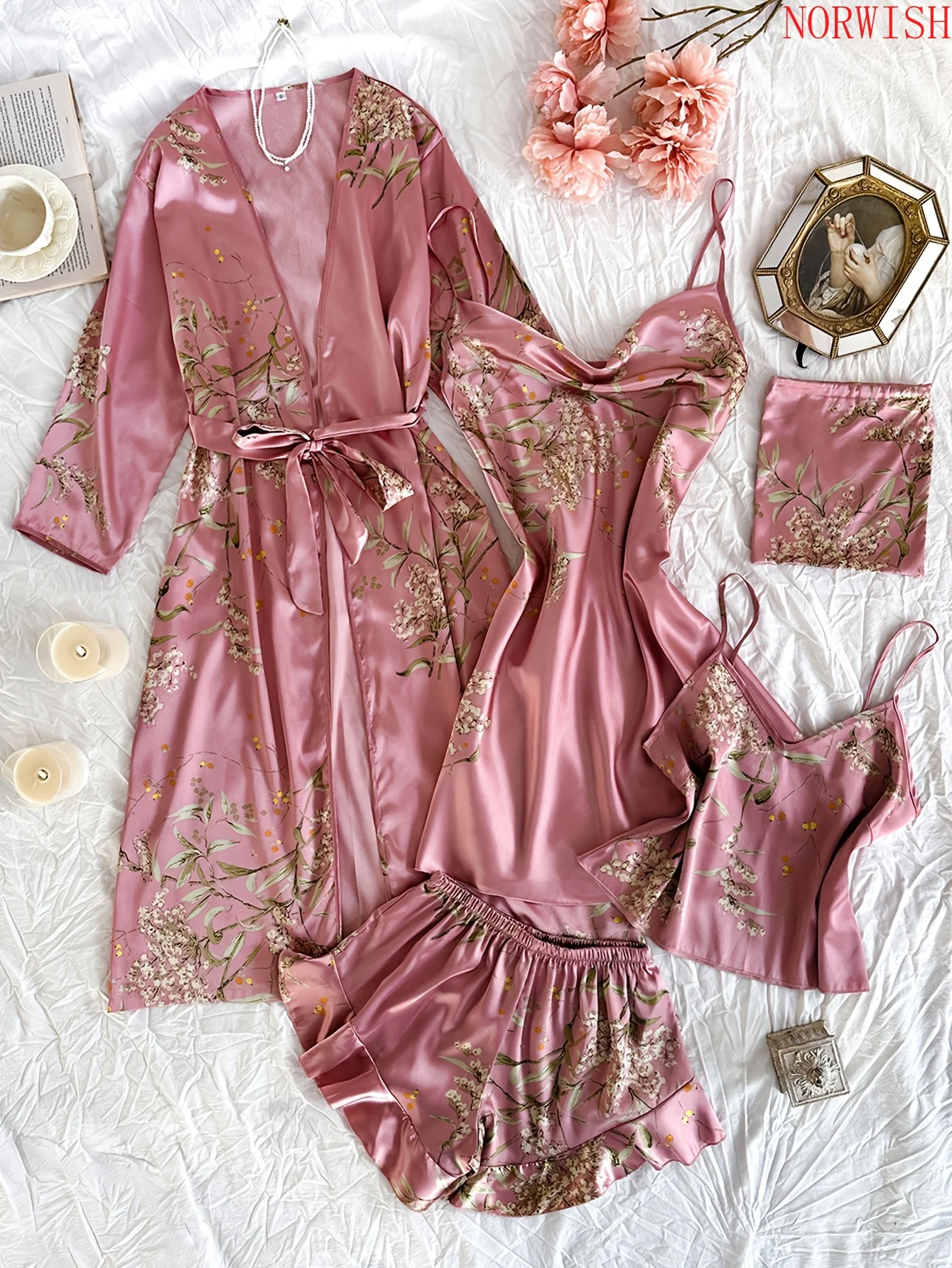 Conjunto de pijama de 5 piezas para mujer, con estampado de cerezas, ideal para otoño e invierno. Incluye una bata sexy, un camisón, unos pantalones cortos y un vestido, todo con una bolsa para guardar. Ropa de dormir y de estar en casa para mujer.