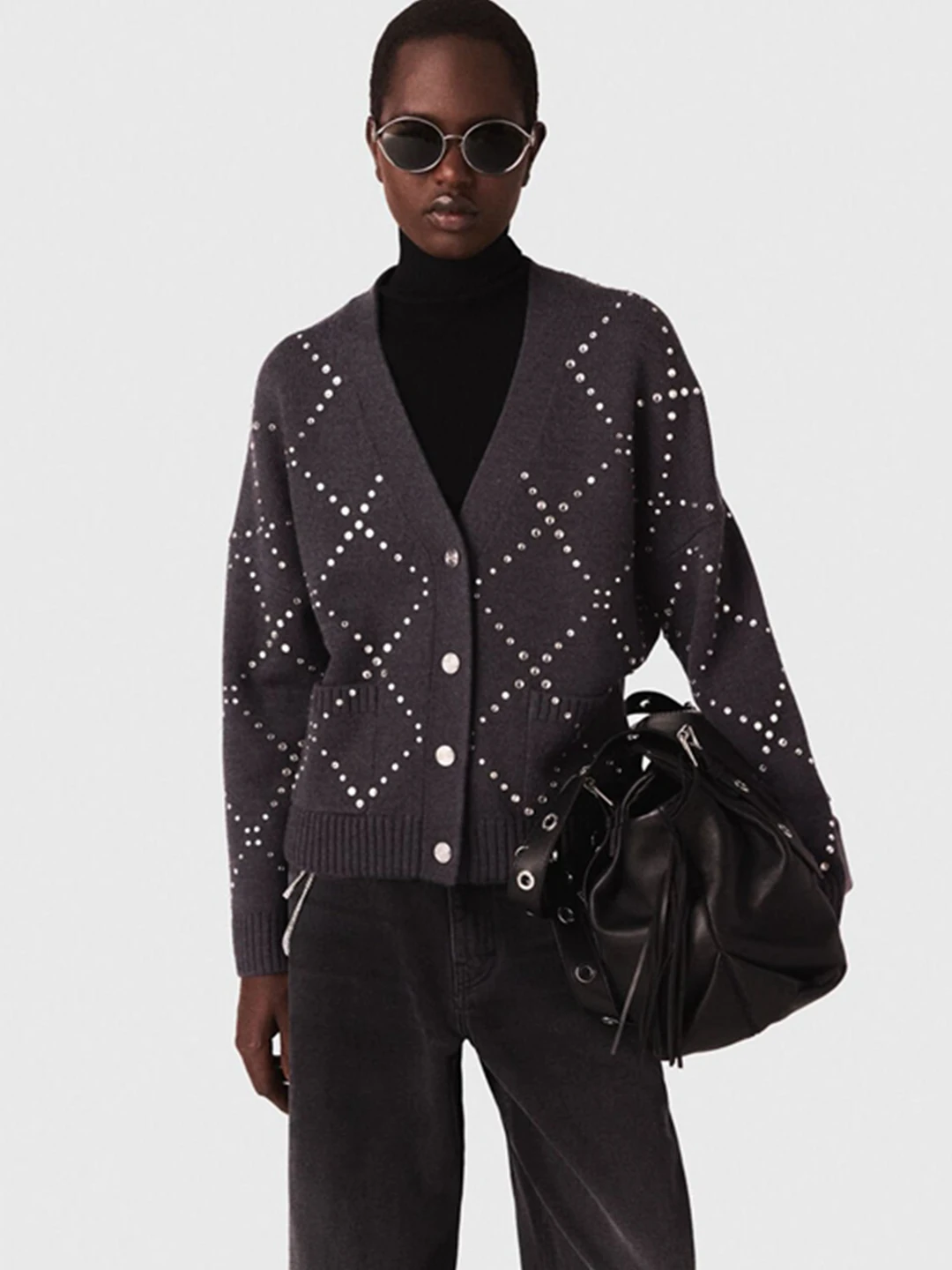 

MaSandeM Autumn Winter Women's Faion ey V-Ne Long Sve ort Diamond Decorated Diamond Pattern Needle Knitwear