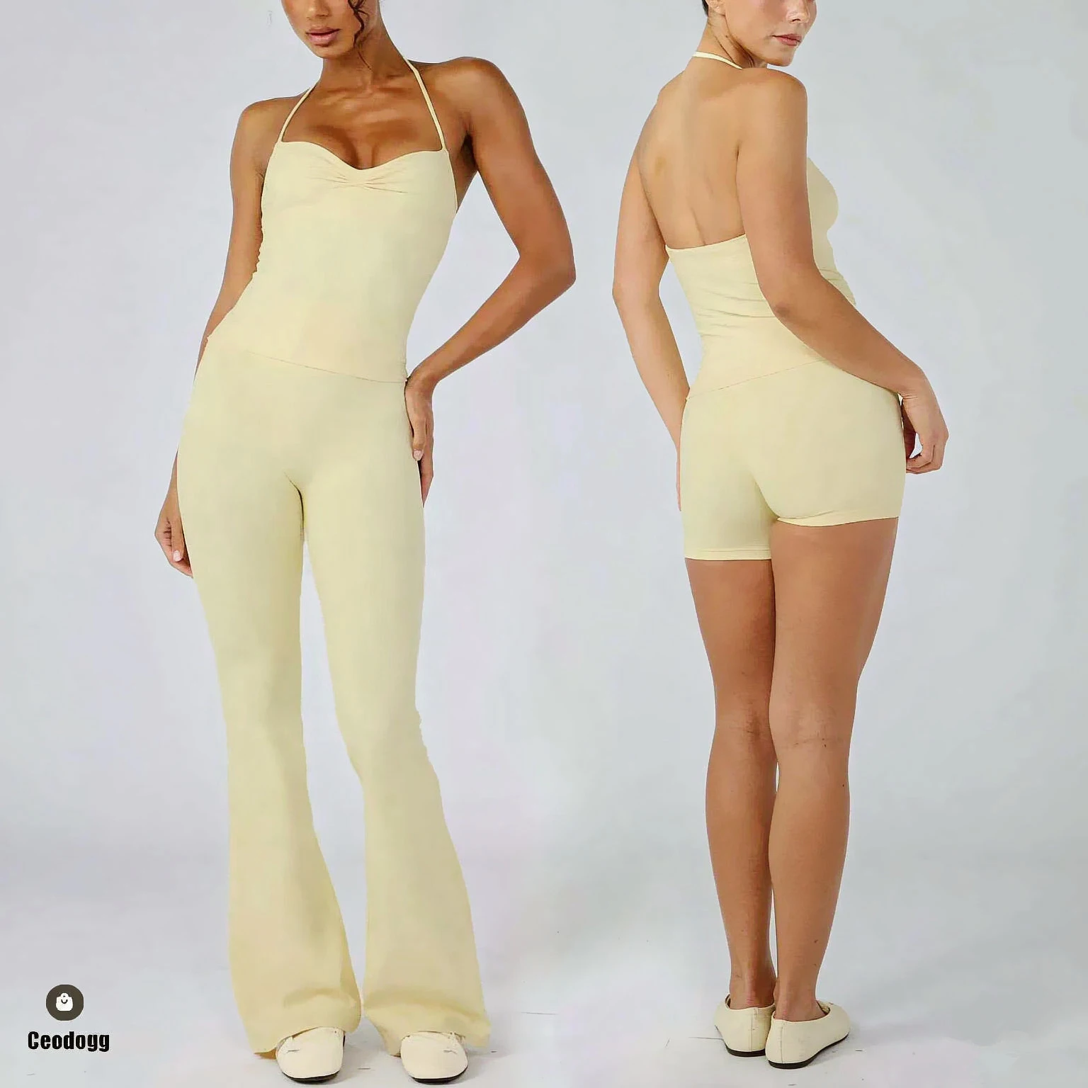 2PCS Halter Bra Tank Top Vest Yoga Set Women Waist Flare Pants Bell Legging Gym Workout Fitness Shorts Lounge Fitness Wear XP109
