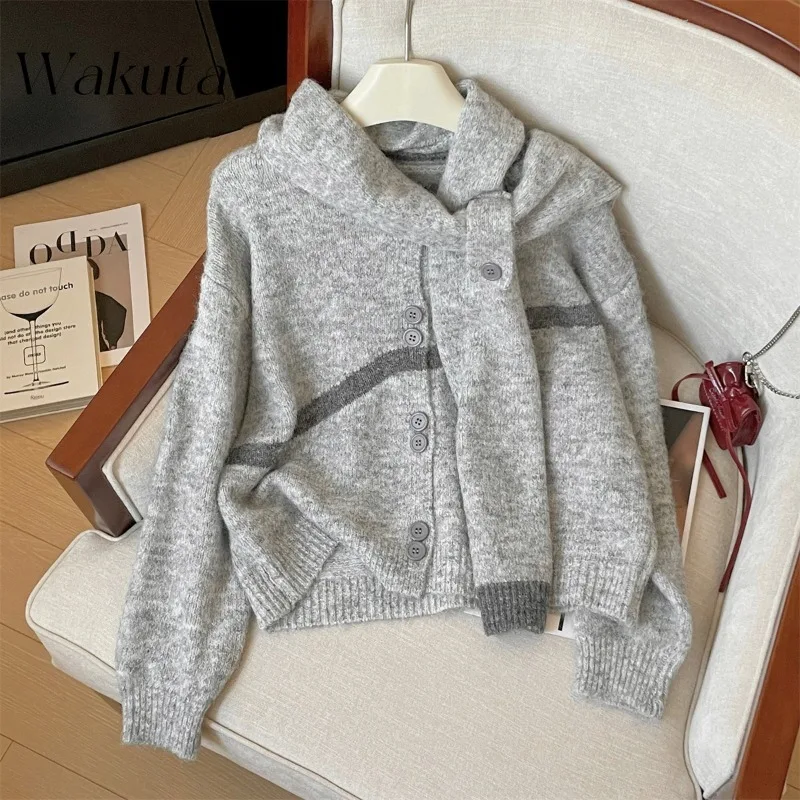 WAKUTA Retro Fashion Round Neck Double Buckle Knitted Cardigan Autumn Winter Warm Knitted Versatile Sweater with Scarf كارديجان