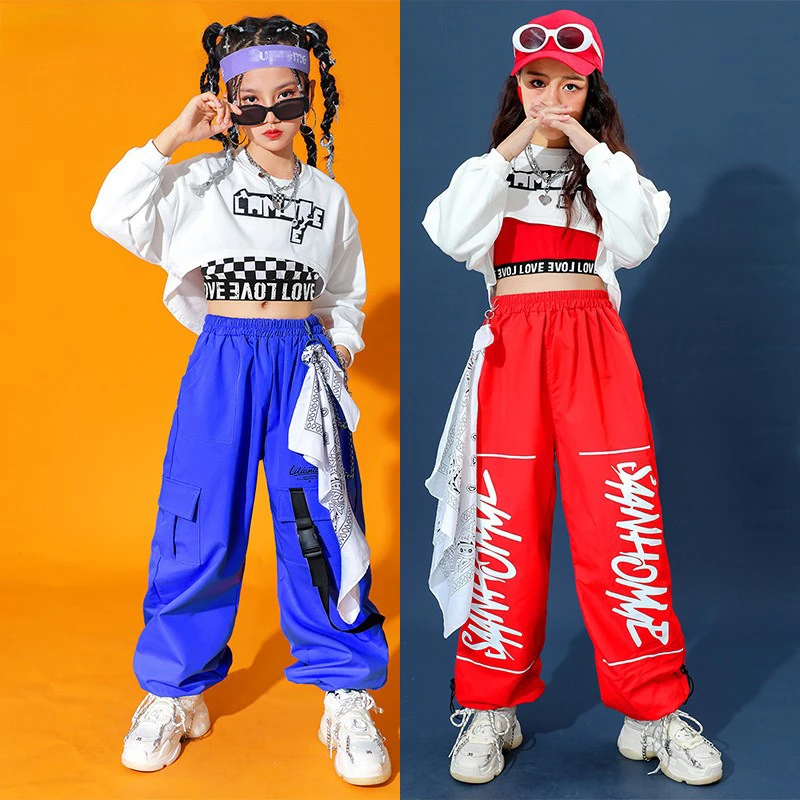 Hip Hop Girls Colorful Cargo Pants Crop Top Child Streetwear Cheerleader Solid Joggers Kids Jazz Street Dance Stage Clothes Sets