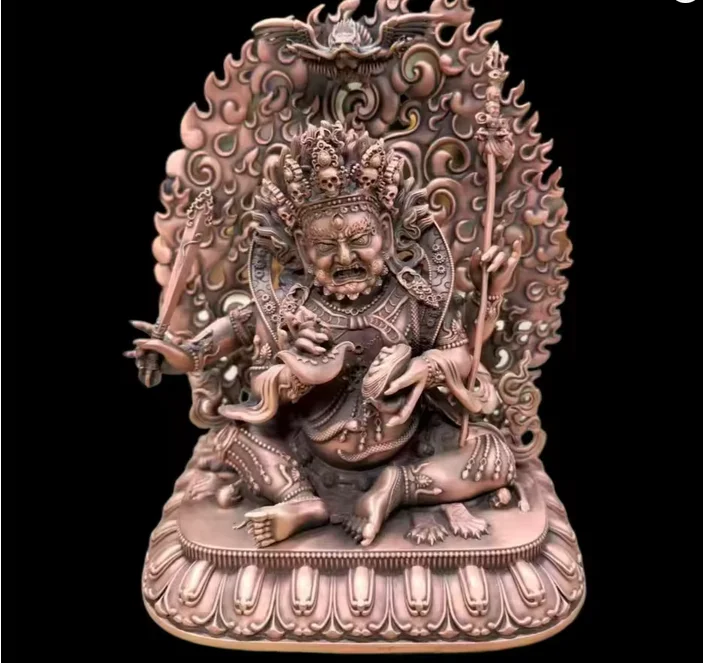 15cm Engraved Red Copper Four-Armed Mahakala Statue Tibetan Dharma Protector Deity Sculpture Altar Decor