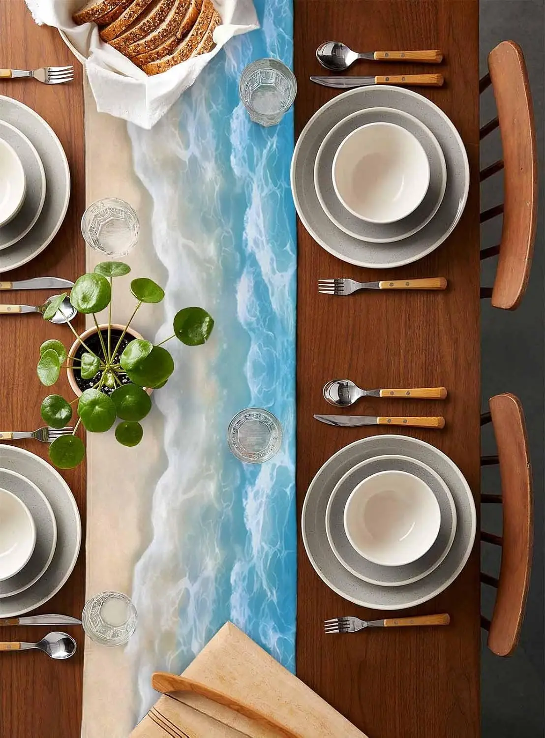 شاطئ المحيط موجة الأزرق تموج الماء الجدول عداء مضمد وشاح ديكور قابلة لإعادة الاستخدام المطبخ طاولة طعام عداء ديكور الحفلات #5