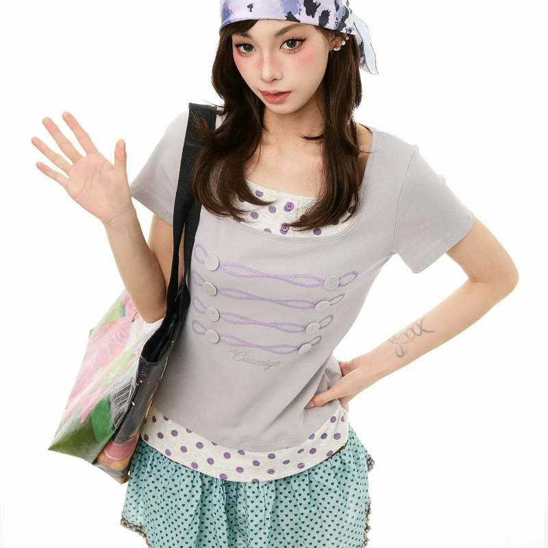 Korean Casual Polka Dot Fake Two-piece Women's T-shirt 2026 Summer New Slimming Thin Age-reducing Mint Green Short Top Ladies