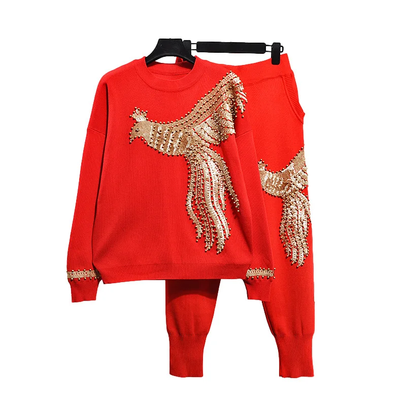 Fashion Red Beading Sequins Phoenix Knitted Tracksuits Set Women Loose Knit Pullover Sweater Long Pants Two Piece Outfits Female